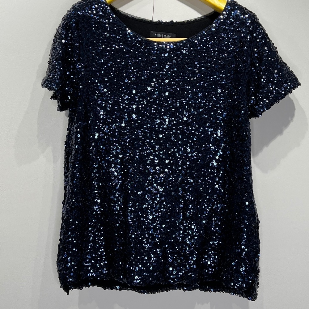 White House Black Market stretch all-over sequin Midnight Blue short-sleeve top
